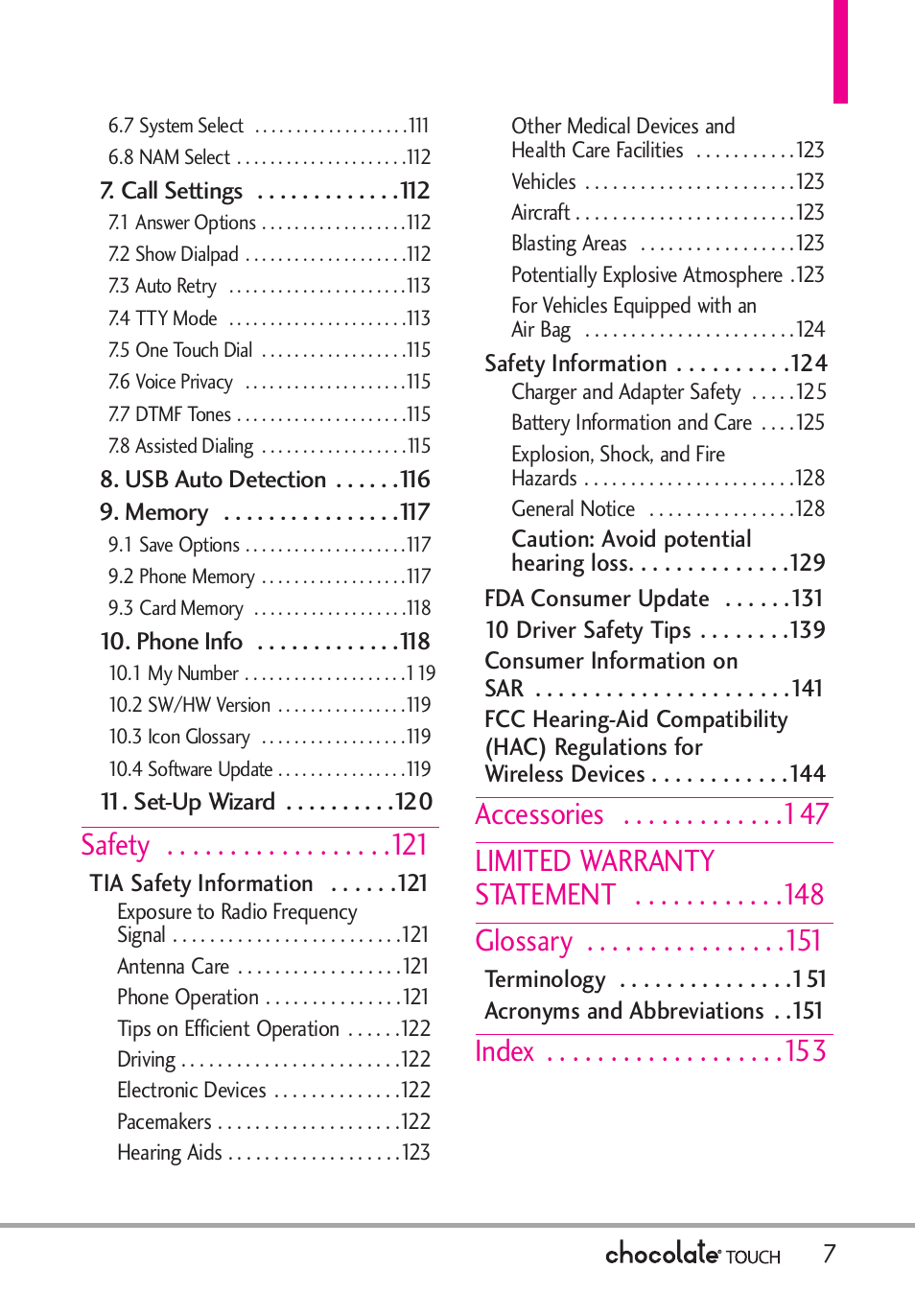 Safety, Index 3 | LG LGVX8575 User Manual | Page 9 / 160