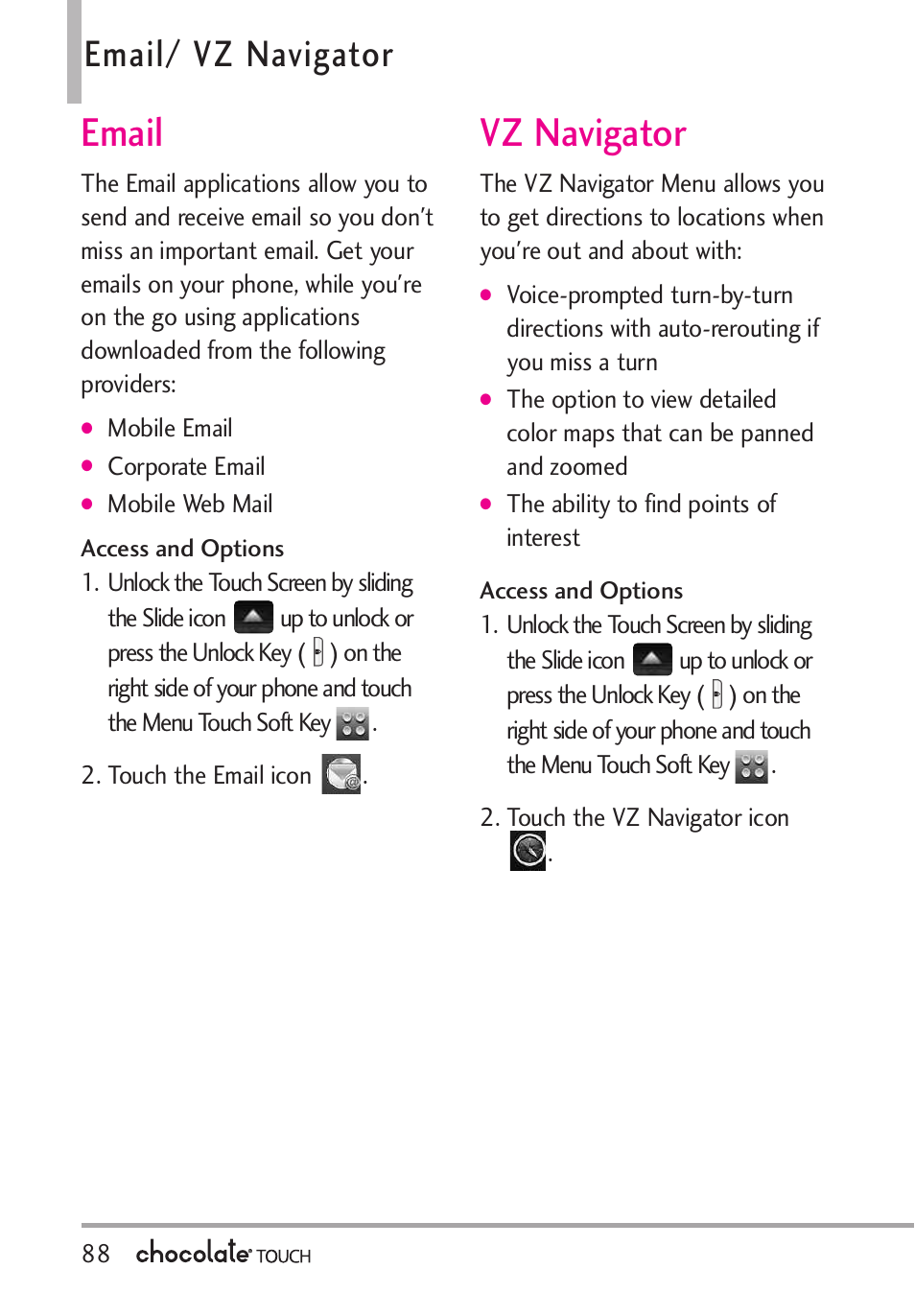 Email, Vz navigator, Email/ vz navigator | LG LGVX8575 User Manual | Page 90 / 160