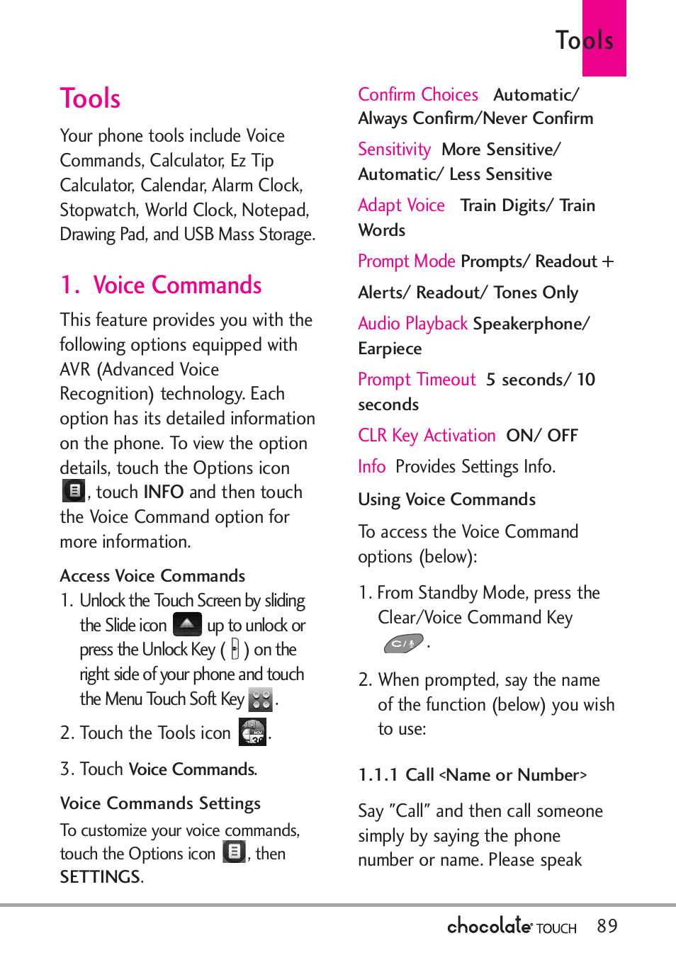 Tools, Voice commands | LG LGVX8575 User Manual | Page 91 / 160