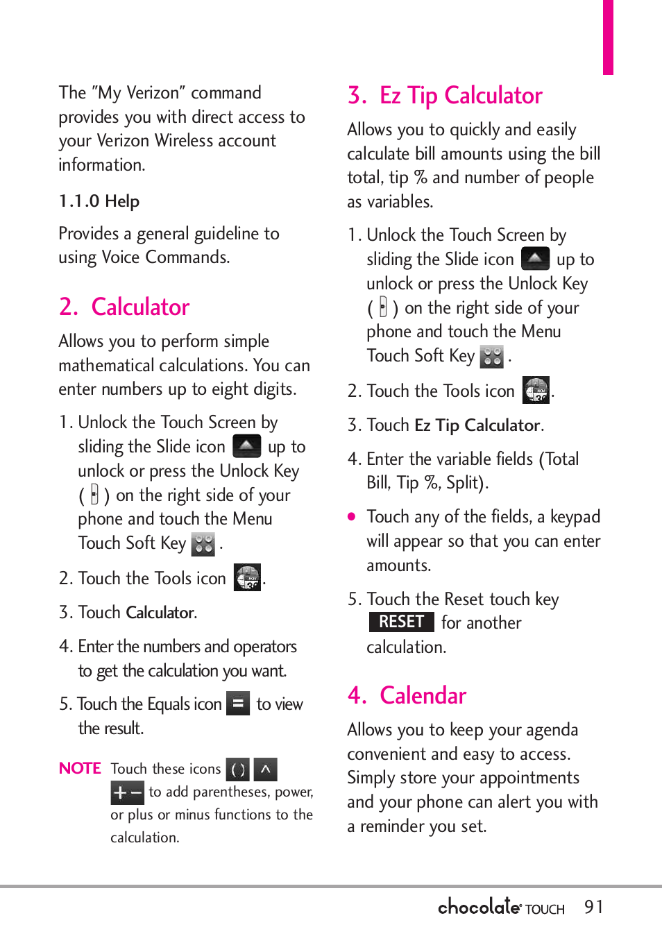 Calculator, Ez tip calculator, Calendar | LG LGVX8575 User Manual | Page 93 / 160