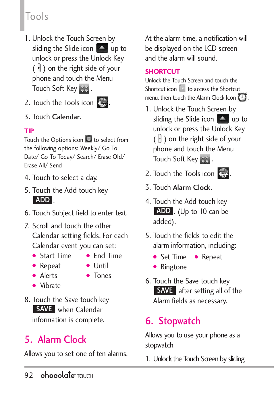 Tools, Alarm clock, Stopwatch | LG LGVX8575 User Manual | Page 94 / 160