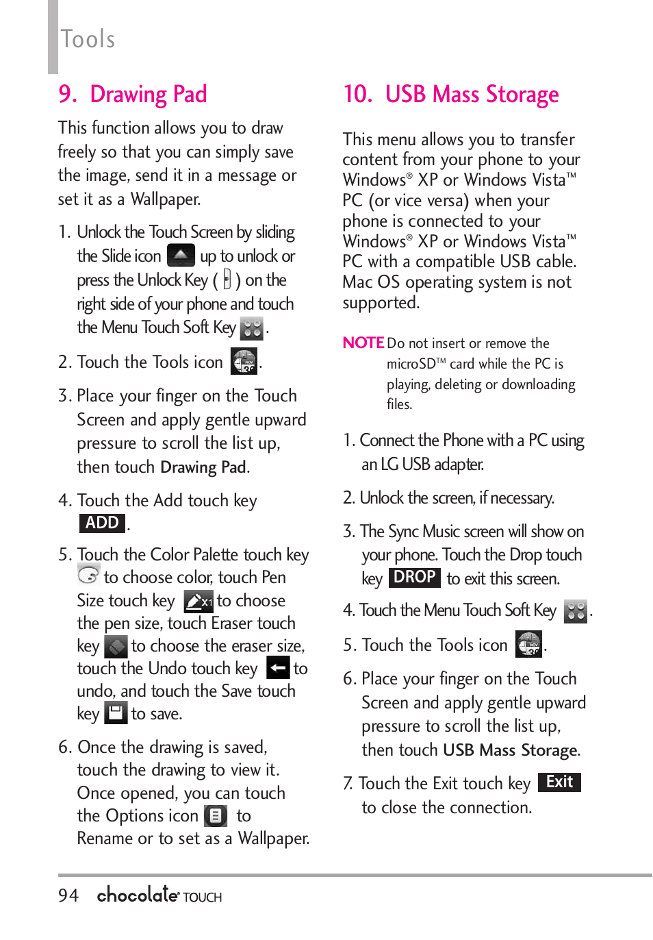 Calculator, Tools, Drawing pad | Usb mass storage | LG LGVX8575 User Manual | Page 96 / 160