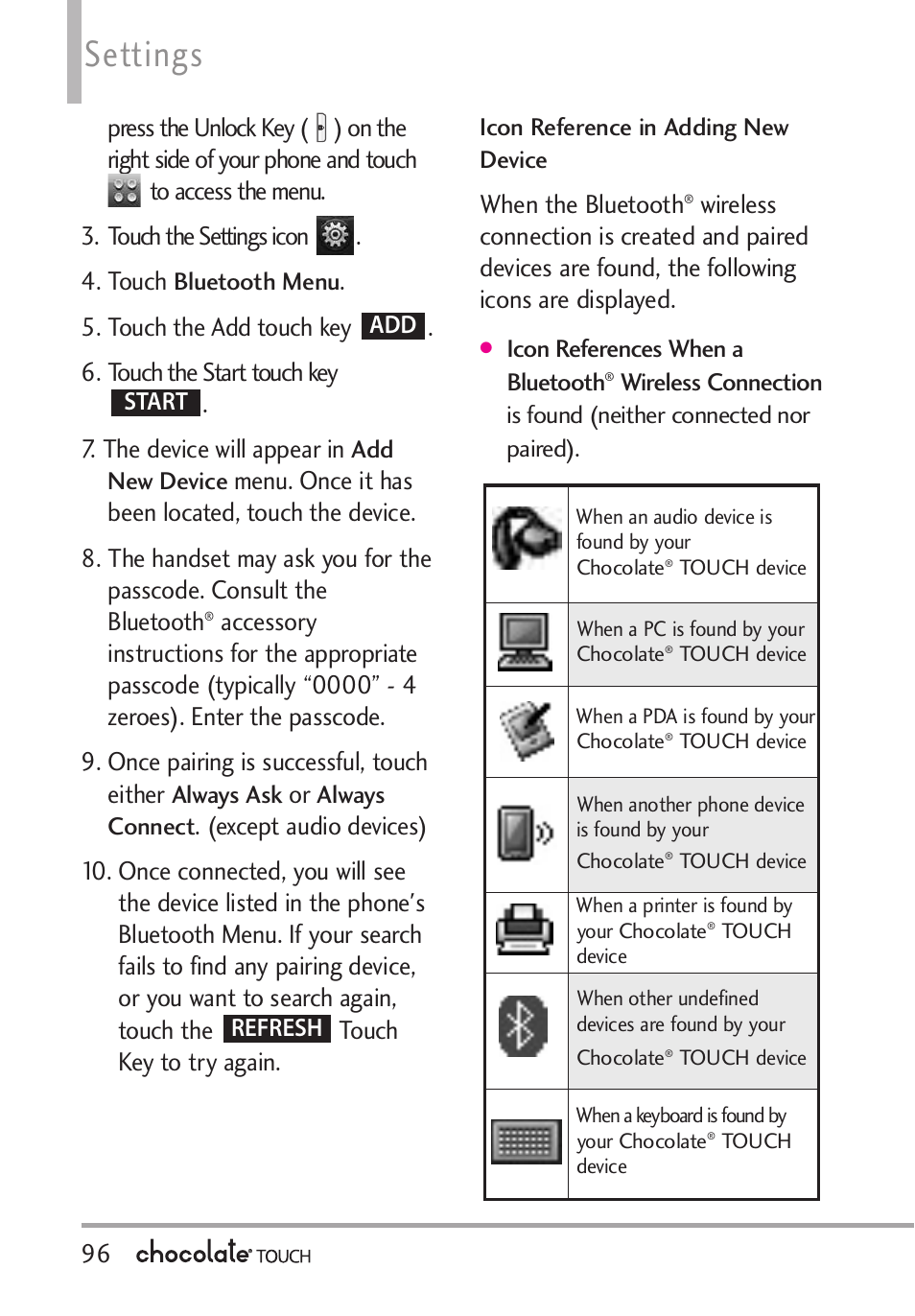 Alarm clock 6. stopwatch, Settings | LG LGVX8575 User Manual | Page 98 / 160