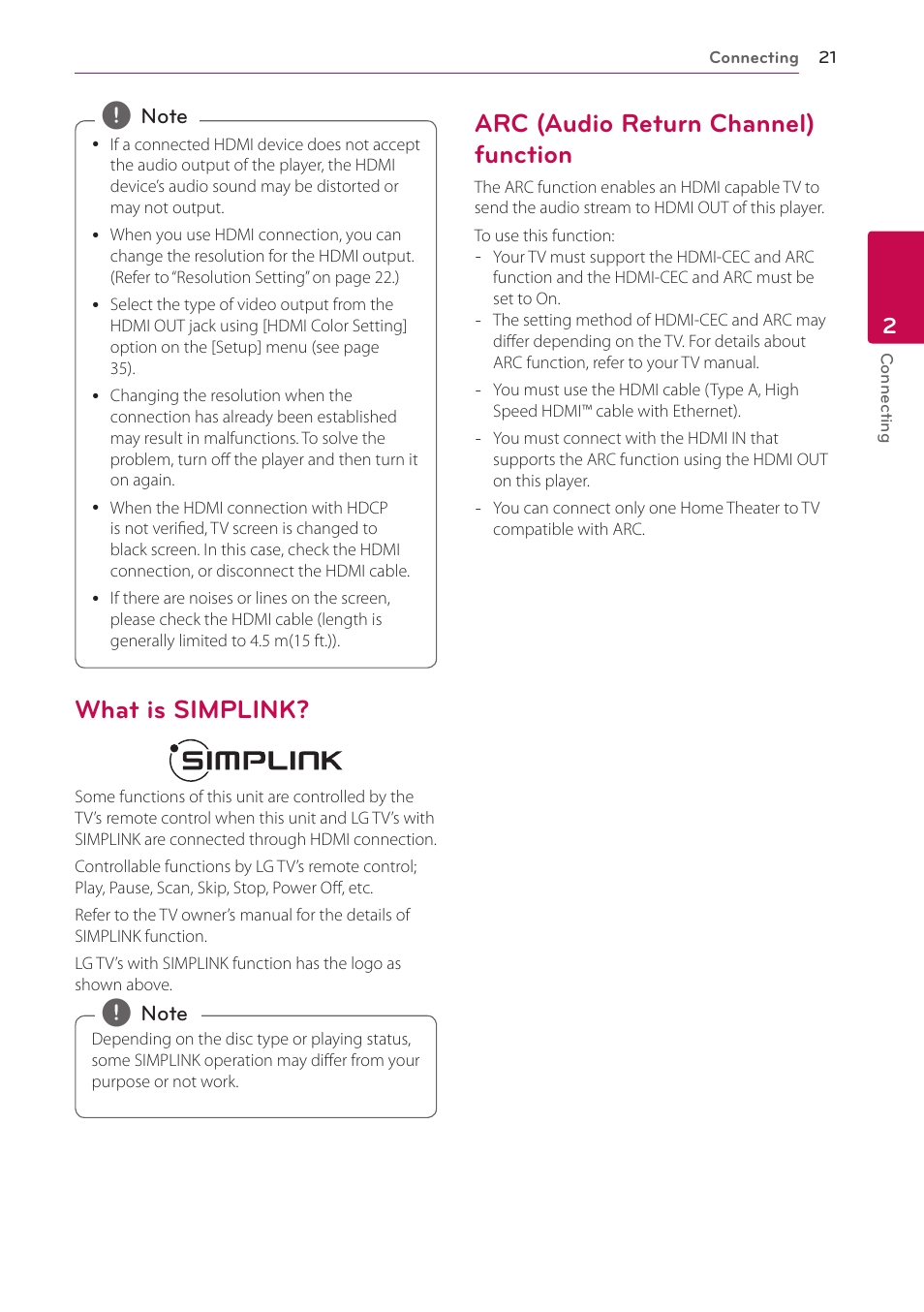 What is simplink, Arc (audio return channel) function | LG BH9220BW User Manual | Page 21 / 82
