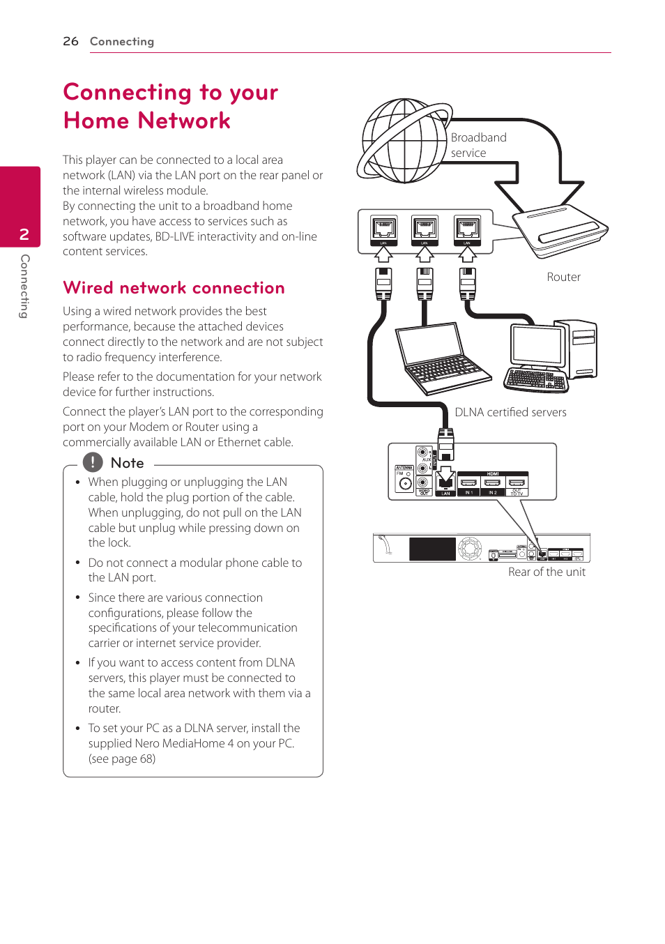 Connecting to your home network, Wired network connection | LG BH9220BW User Manual | Page 26 / 82