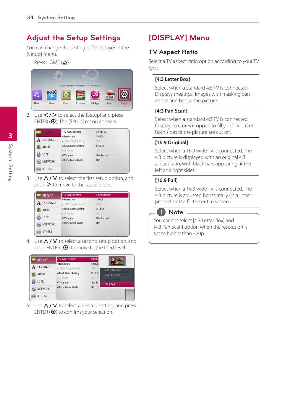 Adjust the setup settings, Display] menu, 34 – adjust the setup settings 34 – [display] menu | LG BH9220BW User Manual | Page 34 / 82