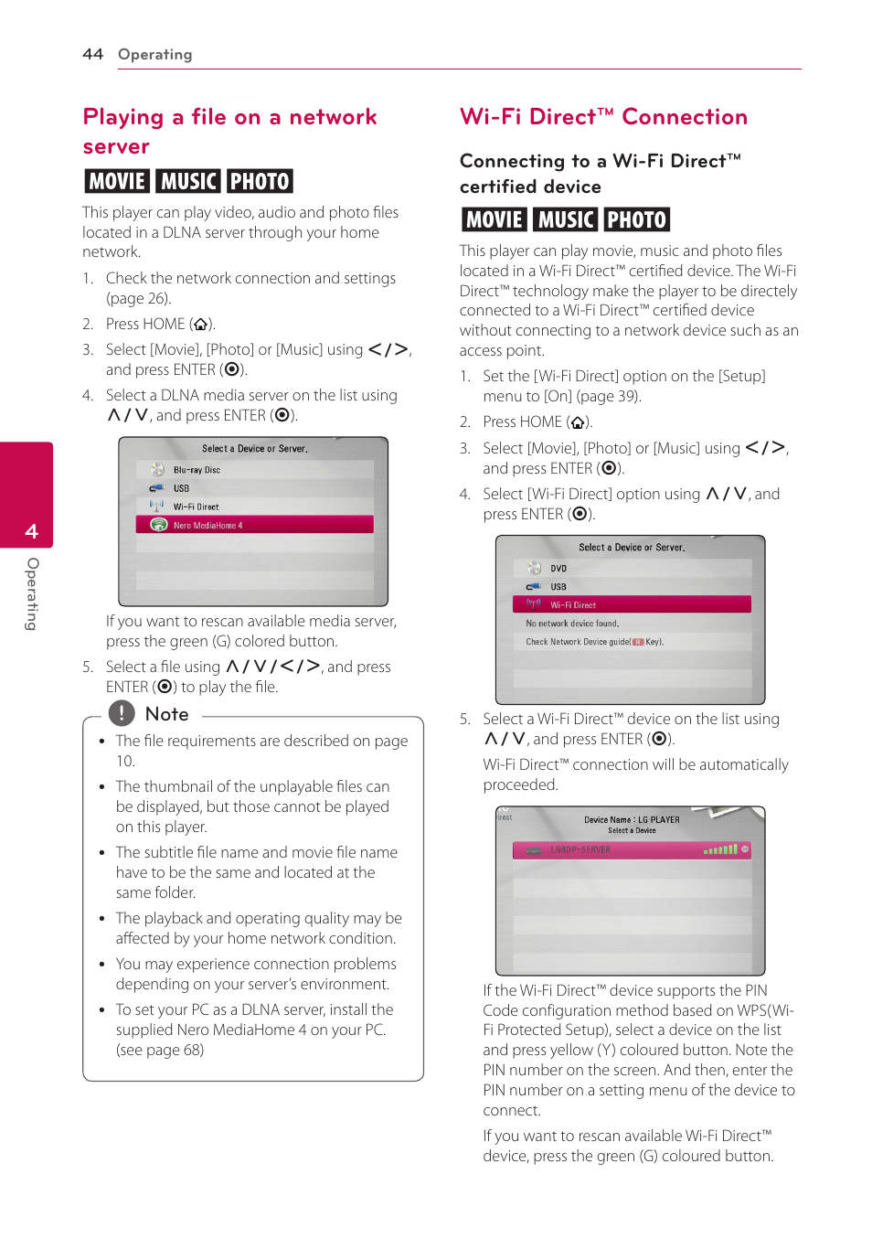 Playing a file on a network server, Wi-fi direct™ connection, Playing a file on a network server yui | LG BH9220BW User Manual | Page 44 / 82