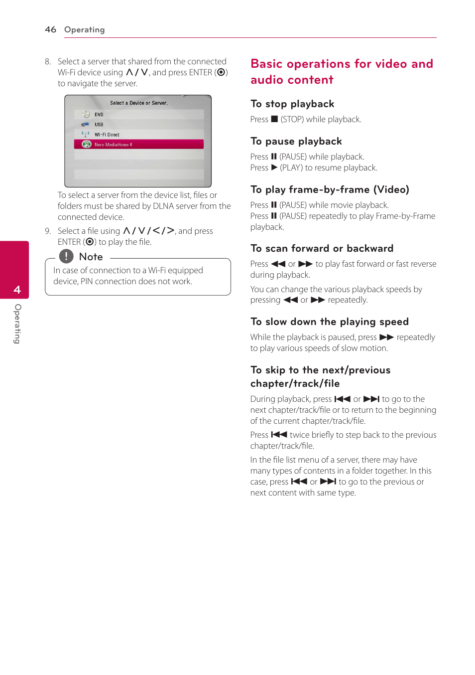 Basic operations for video and audio content, 46 – basic operations for video and audio, Content | LG BH9220BW User Manual | Page 46 / 82