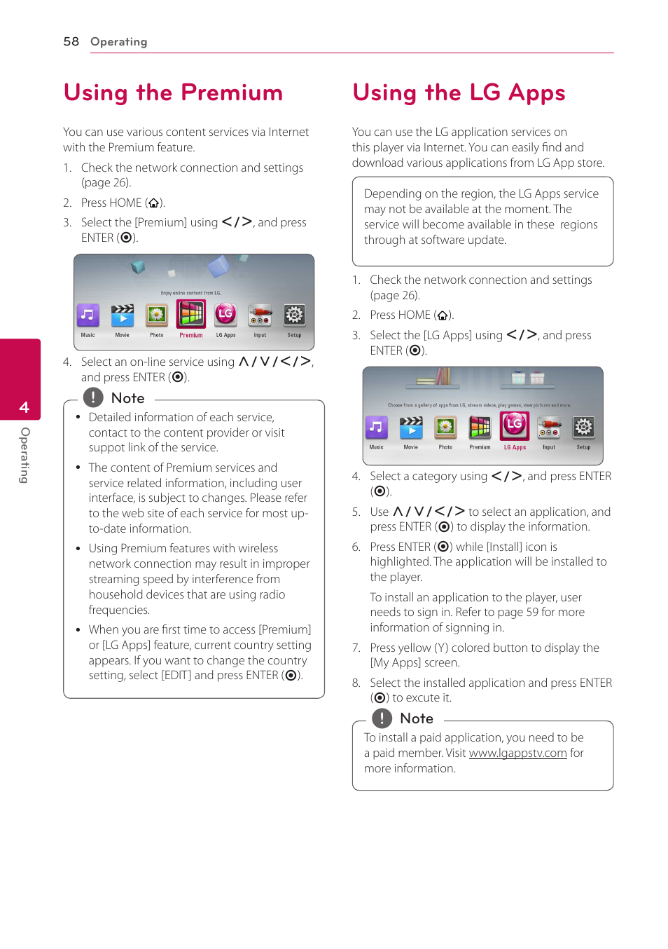 Using the premium, Using the lg apps, 58 using the premium 58 using the lg apps | LG BH9220BW User Manual | Page 58 / 82