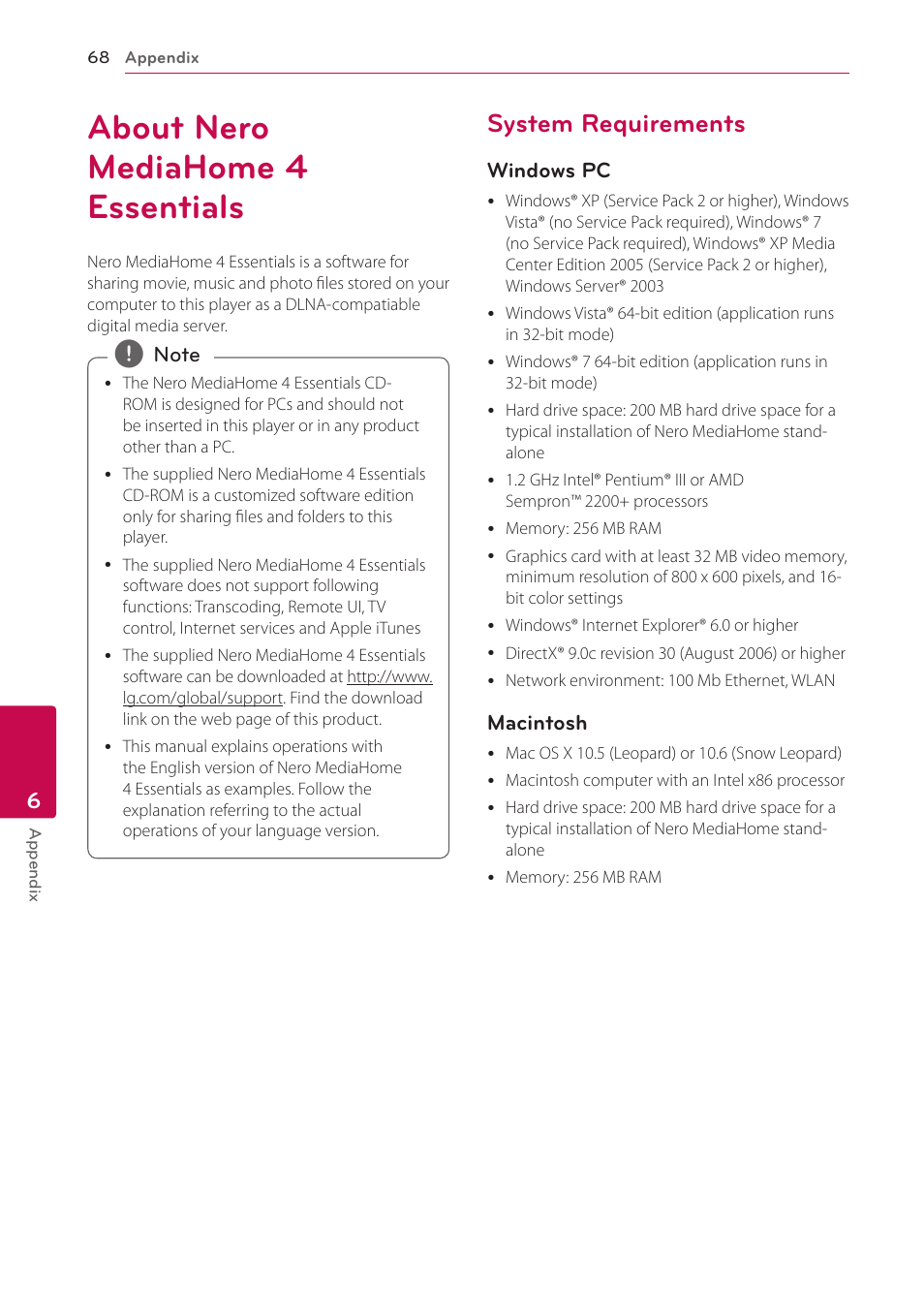 About nero mediahome 4 essentials, System requirements | LG BH9220BW User Manual | Page 68 / 82