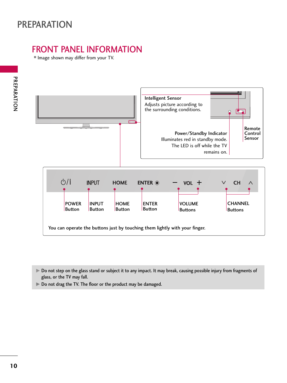 Front panel information, Preparation | LG 50PT350C User Manual | Page 10 / 124