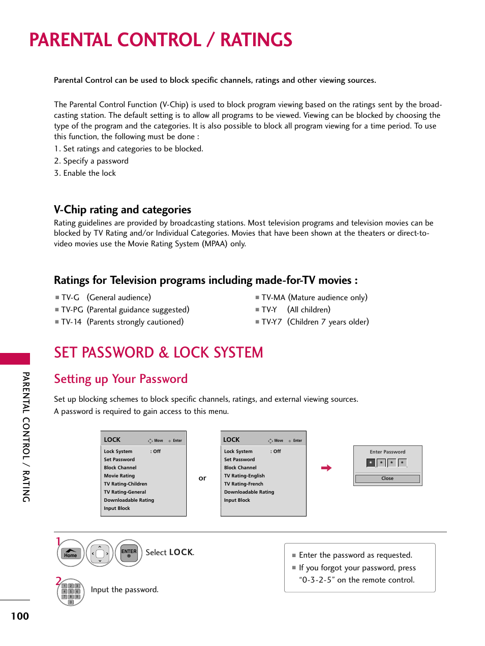 Parental control / ratings, Set password & lock system, Setting up your password | V-chip rating and categories, Parent al contr ol / r a ting | LG 50PT350C User Manual | Page 100 / 124