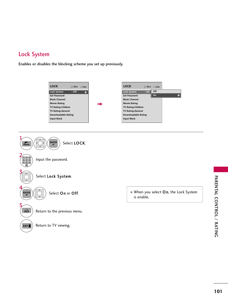 Lock system, Parent al contr ol / r a ting | LG 50PT350C User Manual | Page 101 / 124