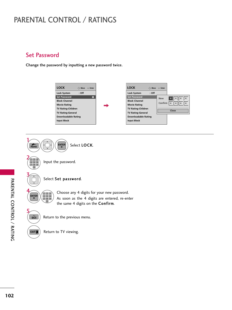 Set password, Parental control / ratings, Parent al contr ol / r a ting | Input the password, Return to the previous menu. return to tv viewing | LG 50PT350C User Manual | Page 102 / 124