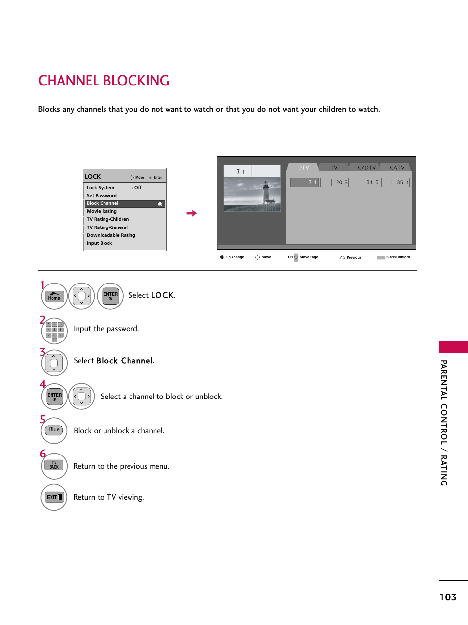 Channel blocking, Parent al contr ol / r a ting | LG 50PT350C User Manual | Page 103 / 124