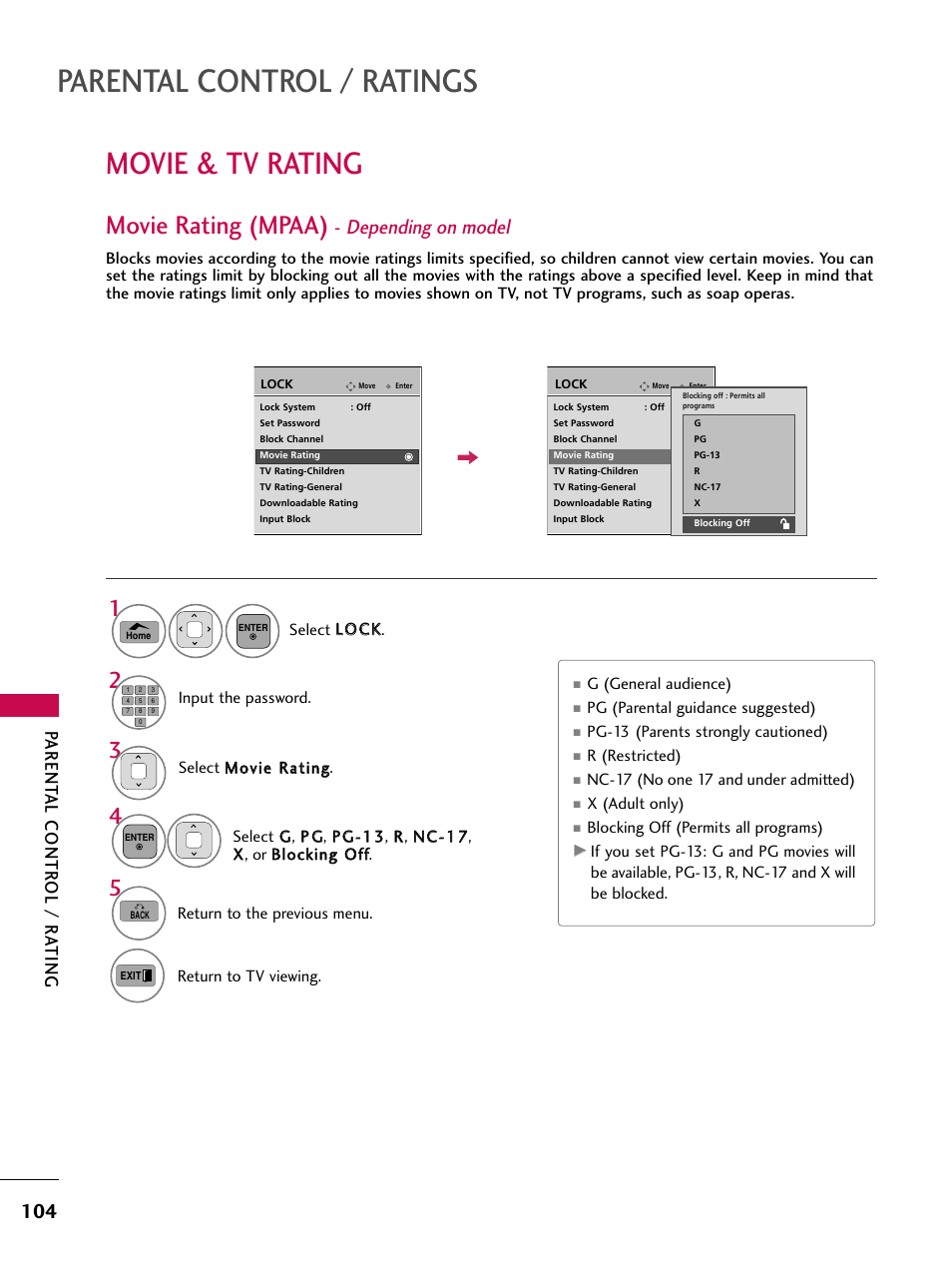 Movie & tv rating, Movie rating (mpaa) - depending on model, Parental control / ratings | Movie rating (mpaa), Depending on model, Parent al contr ol / r a ting | LG 50PT350C User Manual | Page 104 / 124