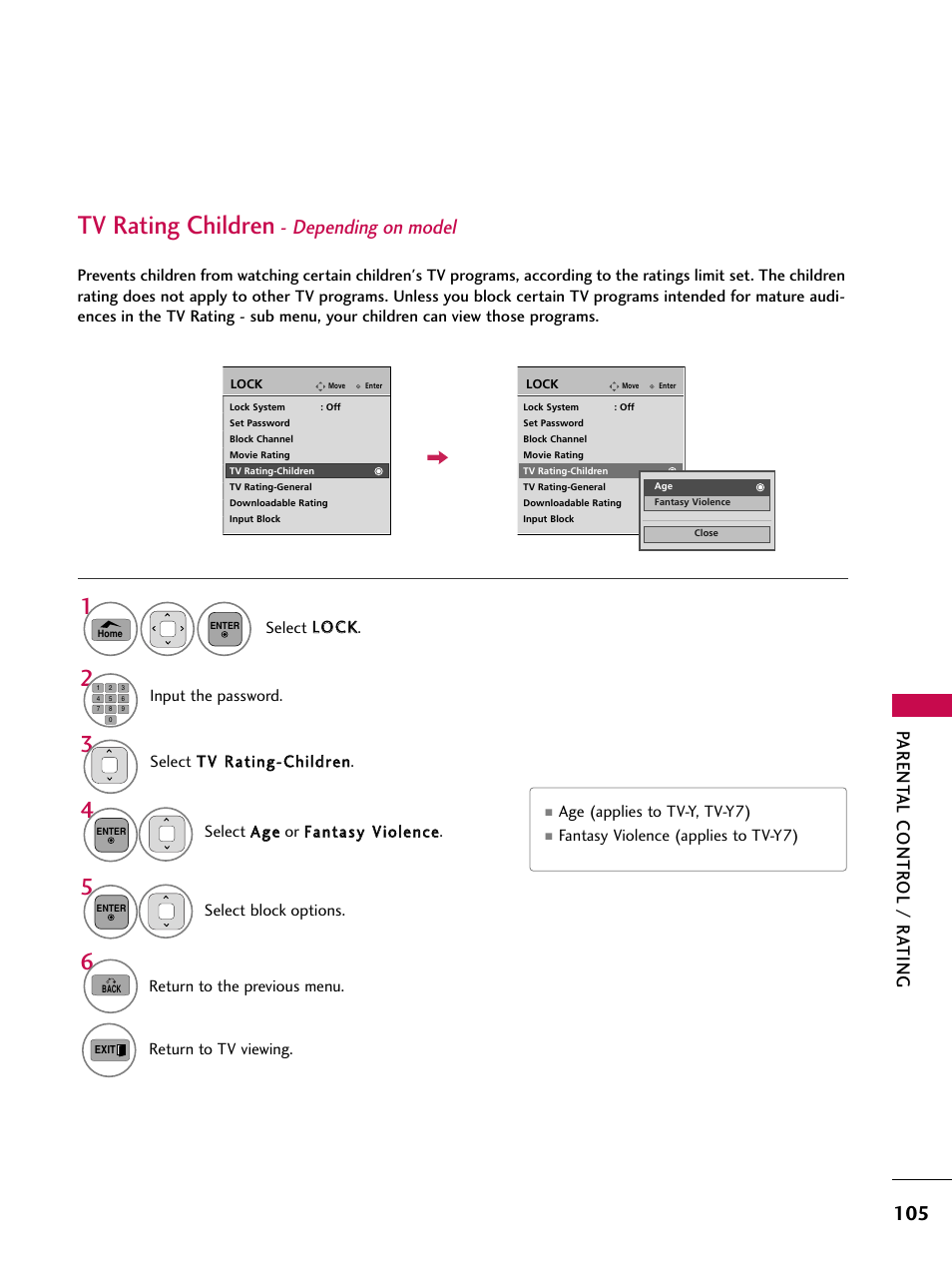 Tv rating children - depending on model, Tv rating children, Depending on model | Parent al contr ol / r a ting | LG 50PT350C User Manual | Page 105 / 124