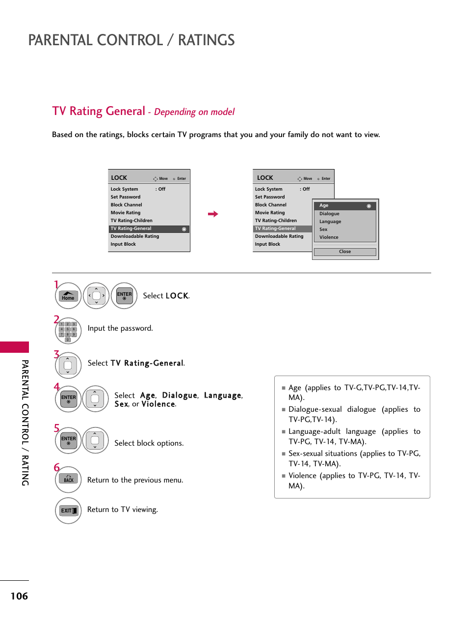 Tv rating general - depending on model, Parental control / ratings, Tv rating general | Depending on model, Parent al contr ol / r a ting | LG 50PT350C User Manual | Page 106 / 124