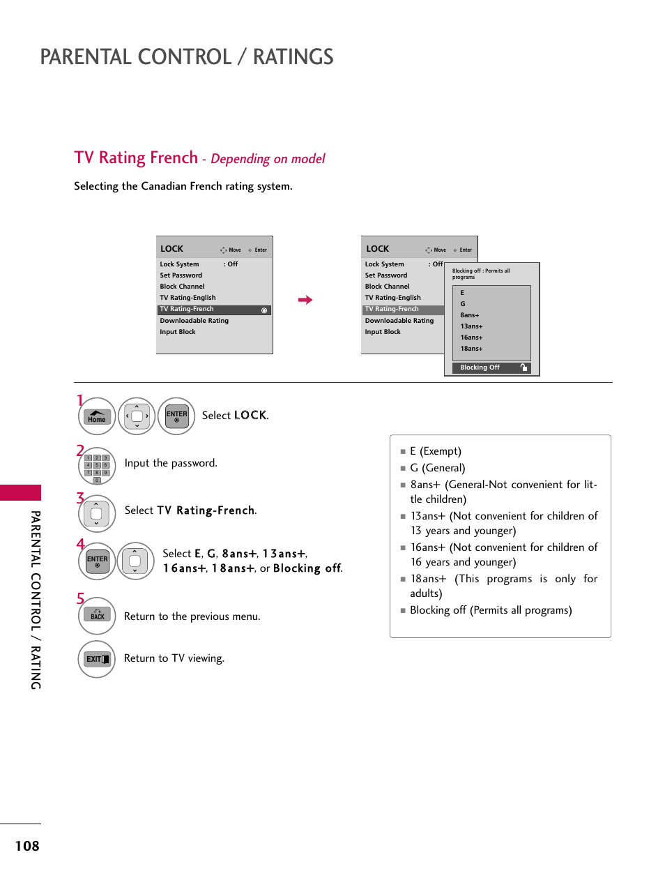 Tv rating french - depending on model, Parental control / ratings, Tv rating french | Depending on model, Parent al contr ol / r a ting | LG 50PT350C User Manual | Page 108 / 124