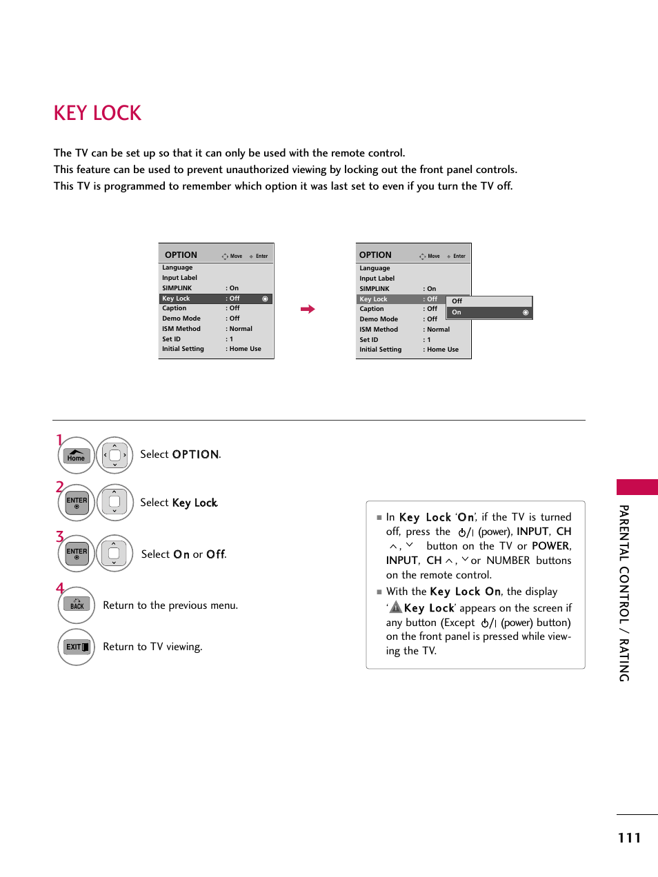 Key lock, Parent al contr ol / r a ting | LG 50PT350C User Manual | Page 111 / 124