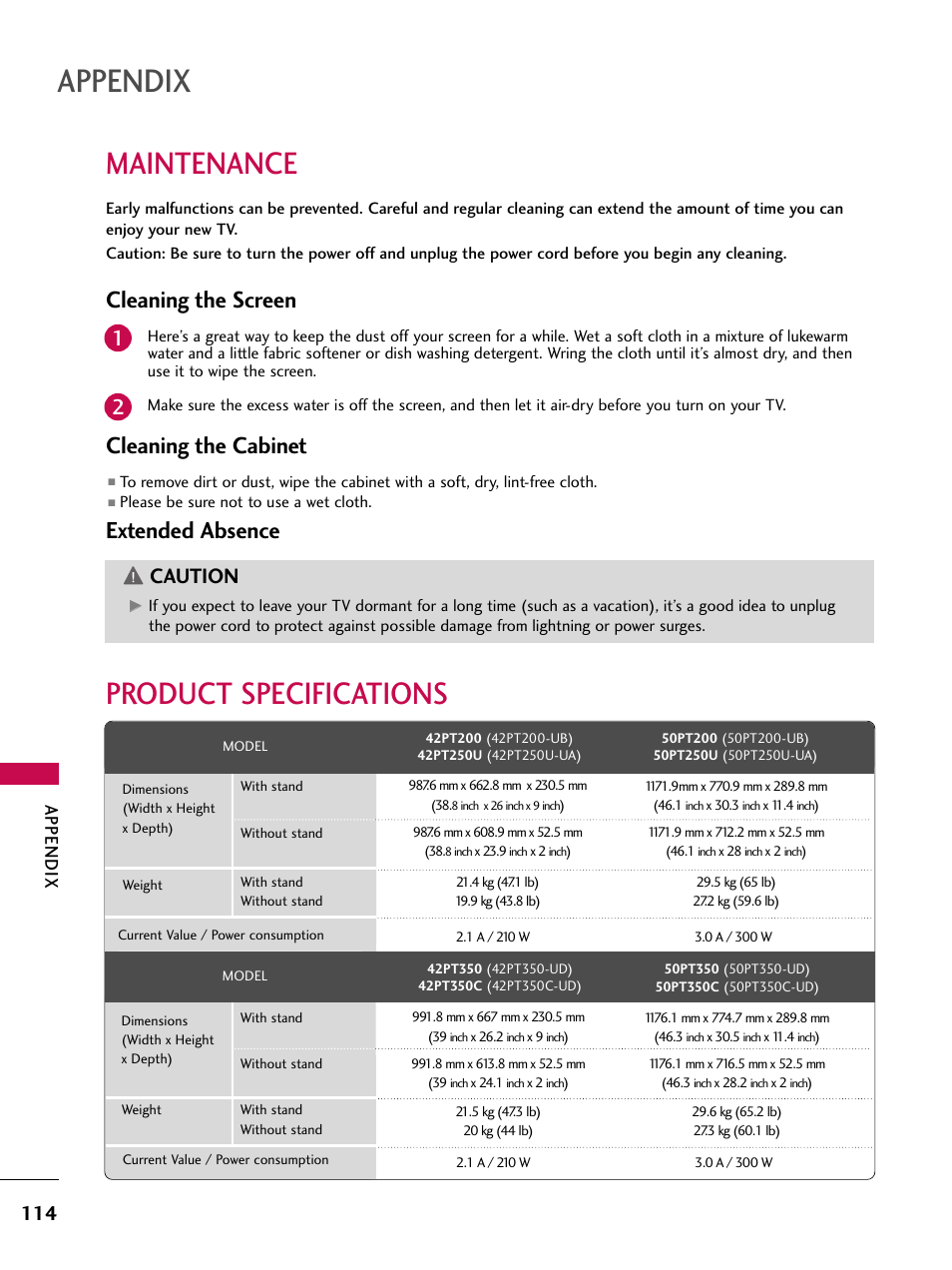 Maintenance, Product specifications, Cleaning the screen | Cleaning the cabinet, Extended absence, Caution, Appendix | LG 50PT350C User Manual | Page 114 / 124