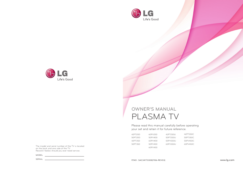 Plasma tv, Owner’s manual | LG 50PT350C User Manual | Page 124 / 124