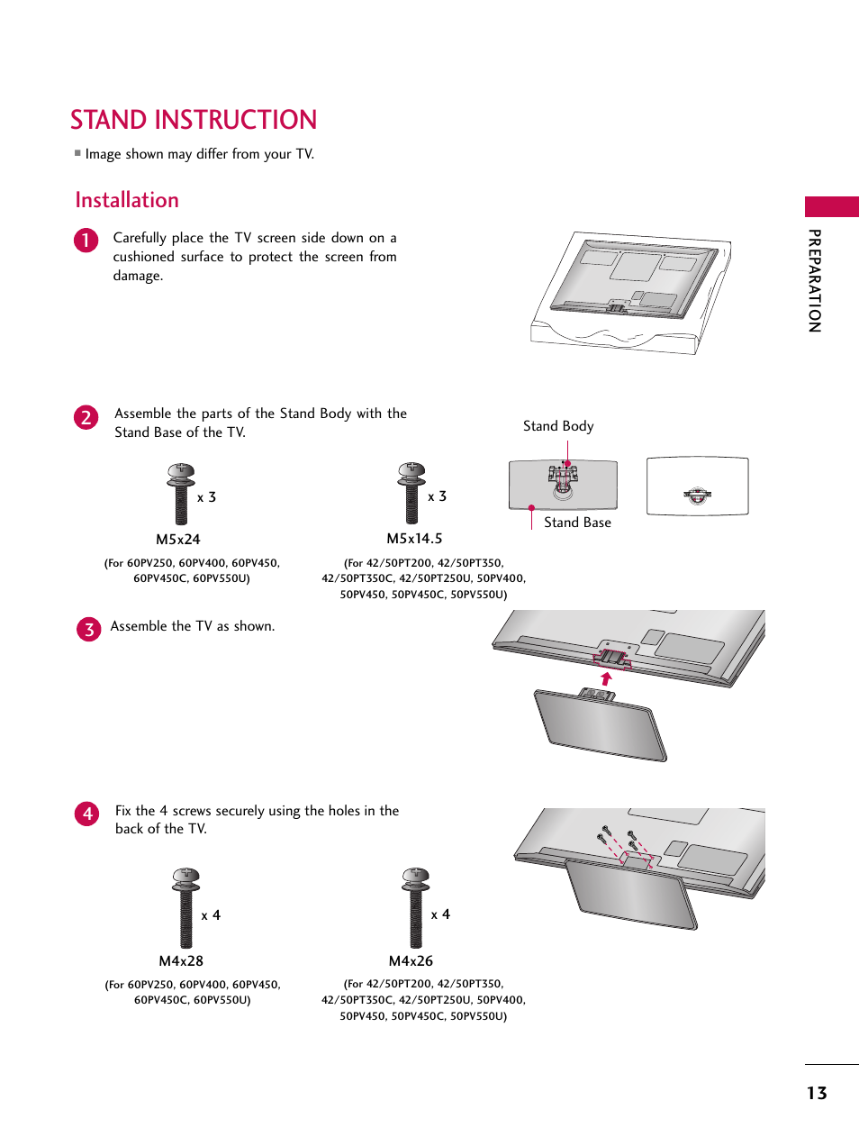 Stand instruction, Installation | LG 50PT350C User Manual | Page 13 / 124