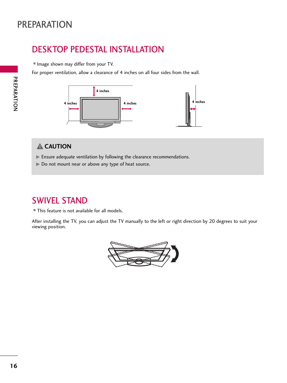 Desktop pedestal installation, Swivel stand, Preparation | Caution | LG 50PT350C User Manual | Page 16 / 124