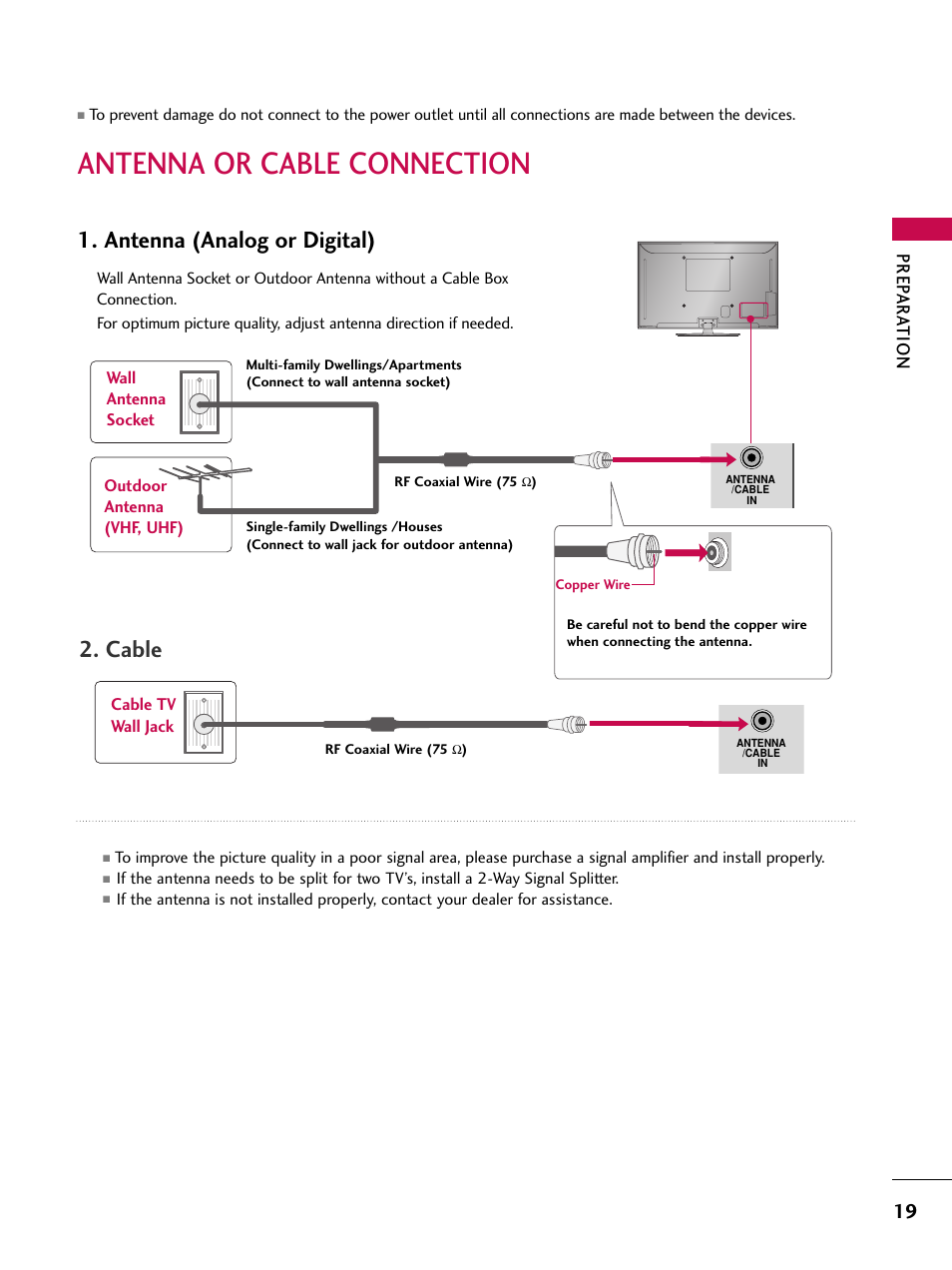 Antenna or cable connection, Antenna (analog or digital), Cable | Prep ar a tion, Cable tv wall jack, Wall antenna socket outdoor antenna (vhf, uhf) | LG 50PT350C User Manual | Page 19 / 124