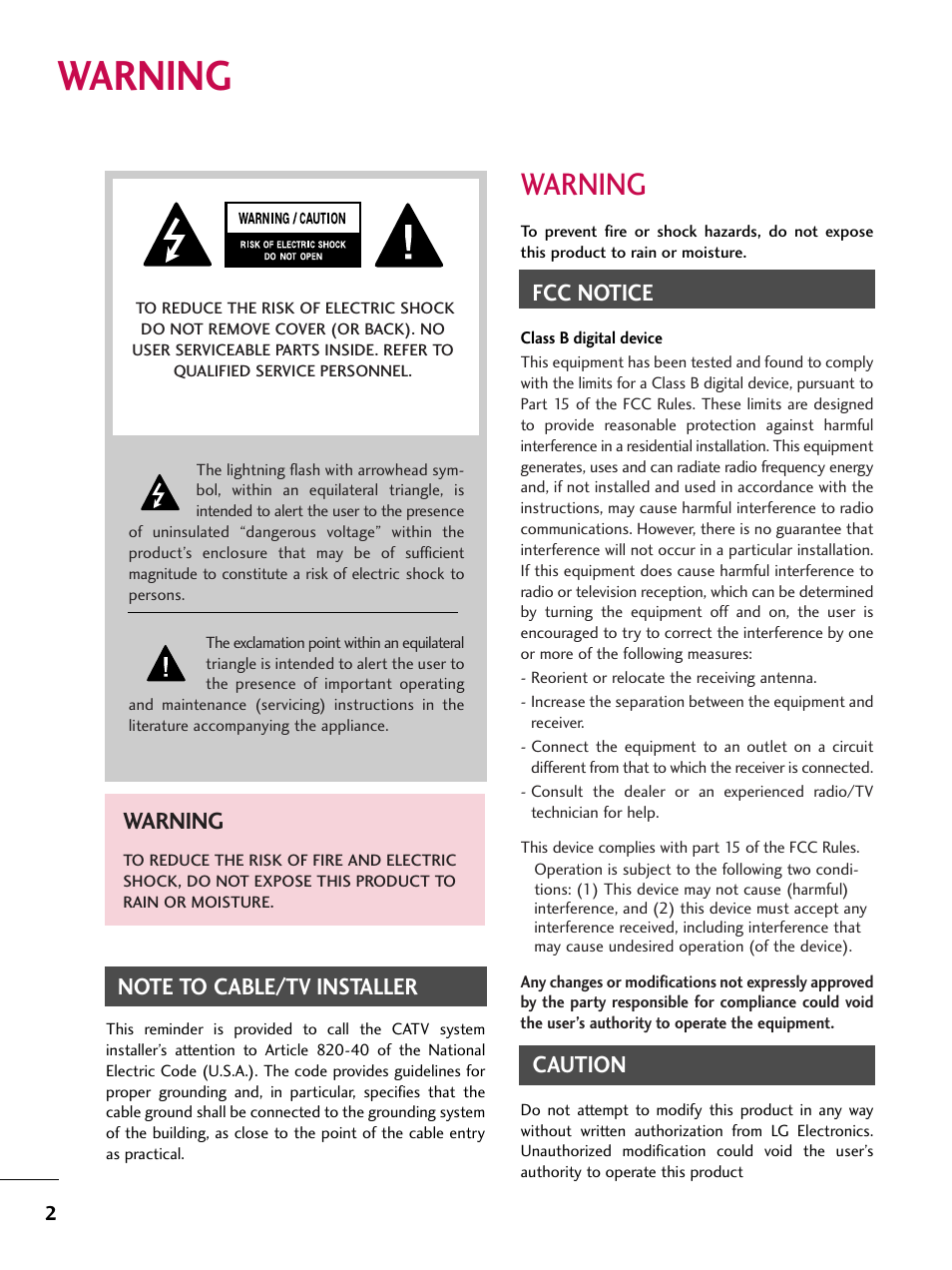 Warning, Fcc notice, Caution | LG 50PT350C User Manual | Page 2 / 124