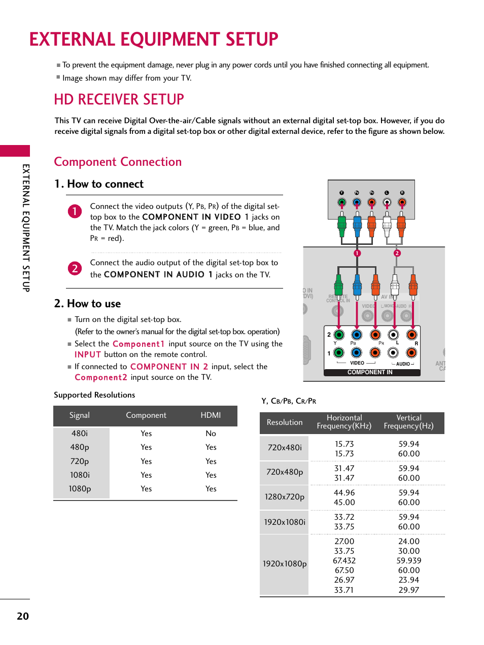 External equipment setup, Hd receiver setup, Component connection | How to connect, How to use, External eq uipment setup | LG 50PT350C User Manual | Page 20 / 124