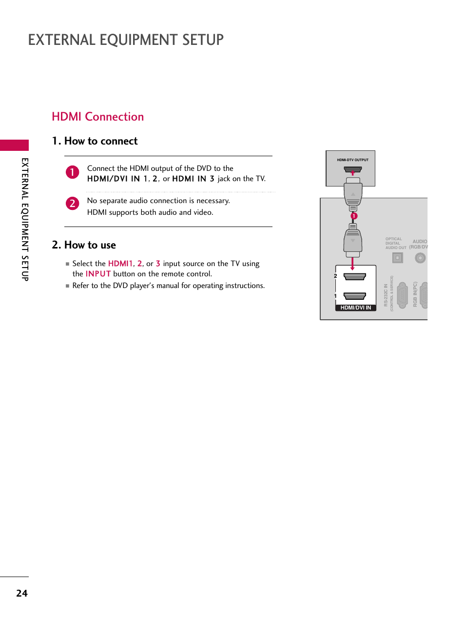 Hdmi connection, External equipment setup, How to connect 2. how to use | External eq uipment setup | LG 50PT350C User Manual | Page 24 / 124