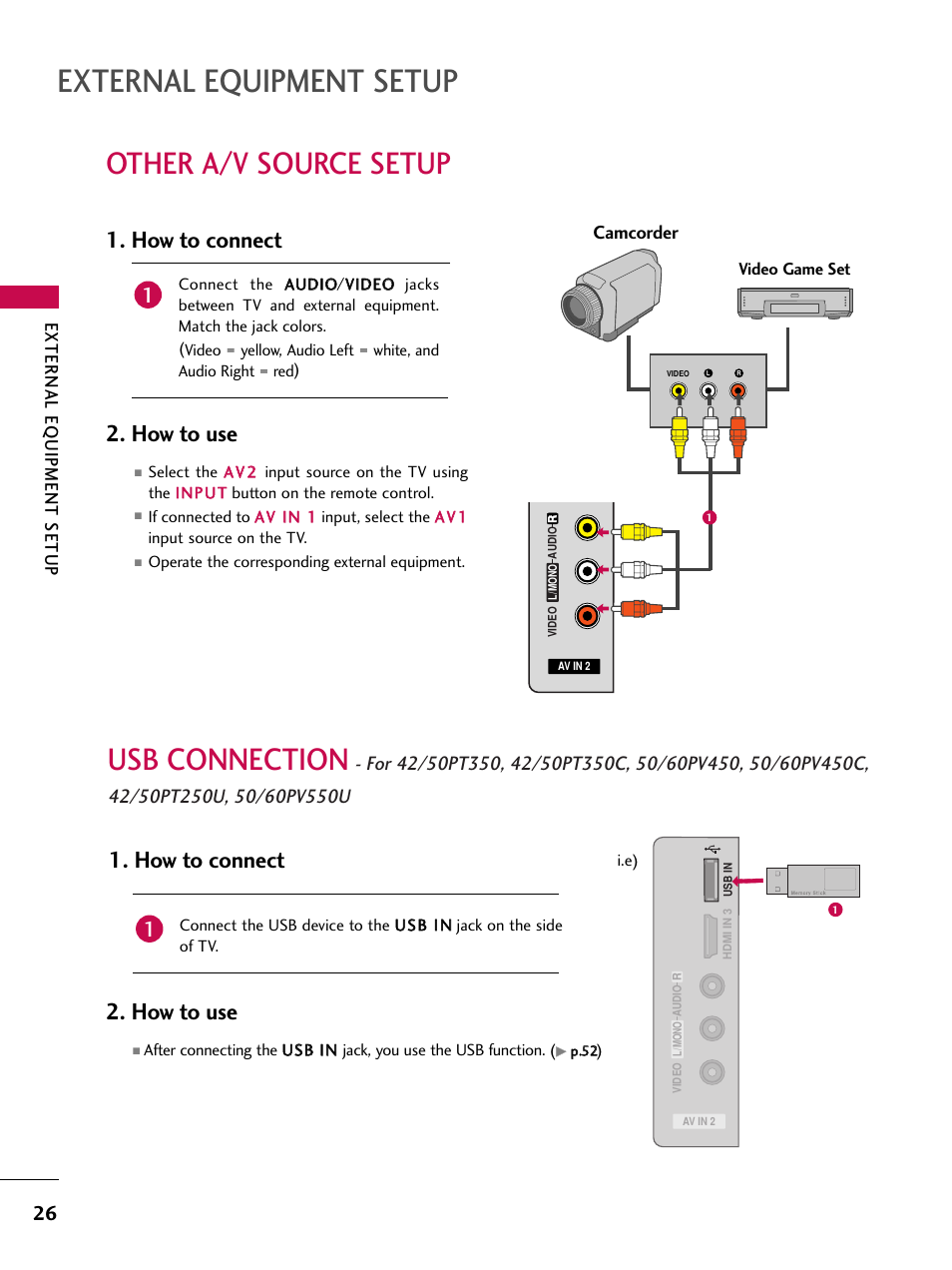 Other a/v source setup, Usb connection, External equipment setup | How to connect 2. how to use, How to connect, How to use, External eq uipment setup, Camcorder | LG 50PT350C User Manual | Page 26 / 124