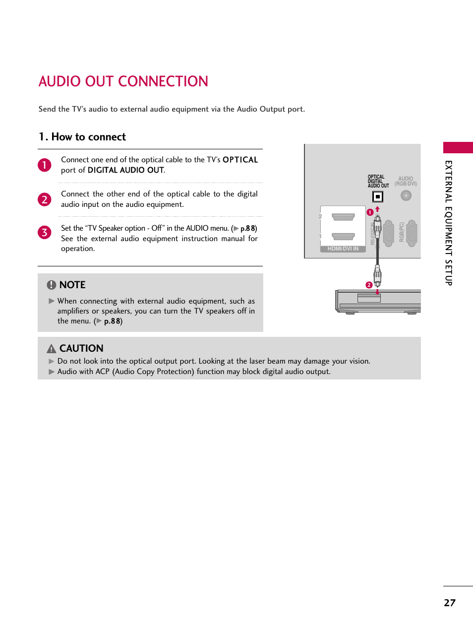 Audio out connection, How to connect, Caution | External eq uipment setup | LG 50PT350C User Manual | Page 27 / 124