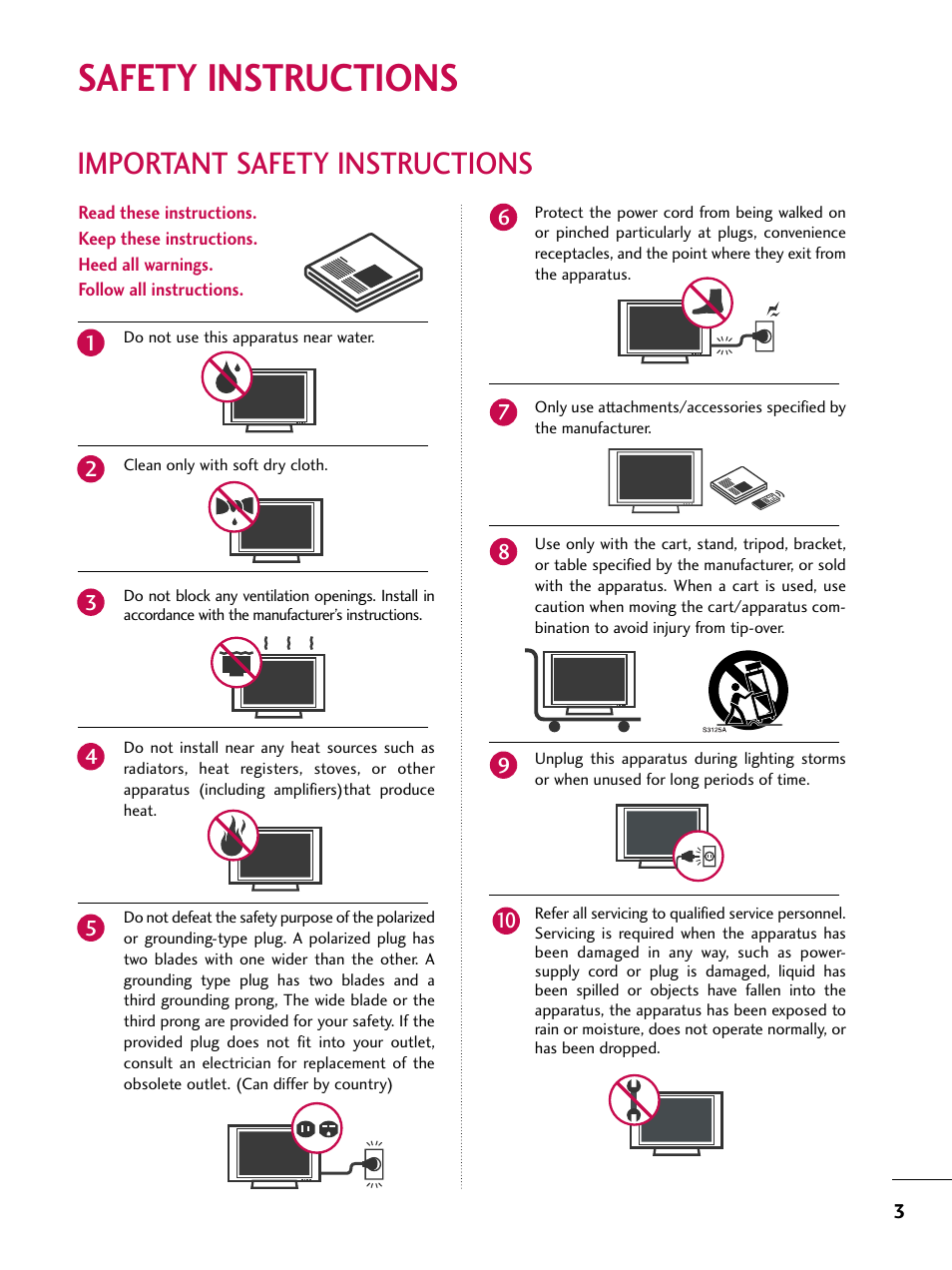 Safety instructions, Important safety instructions | LG 50PT350C User Manual | Page 3 / 124