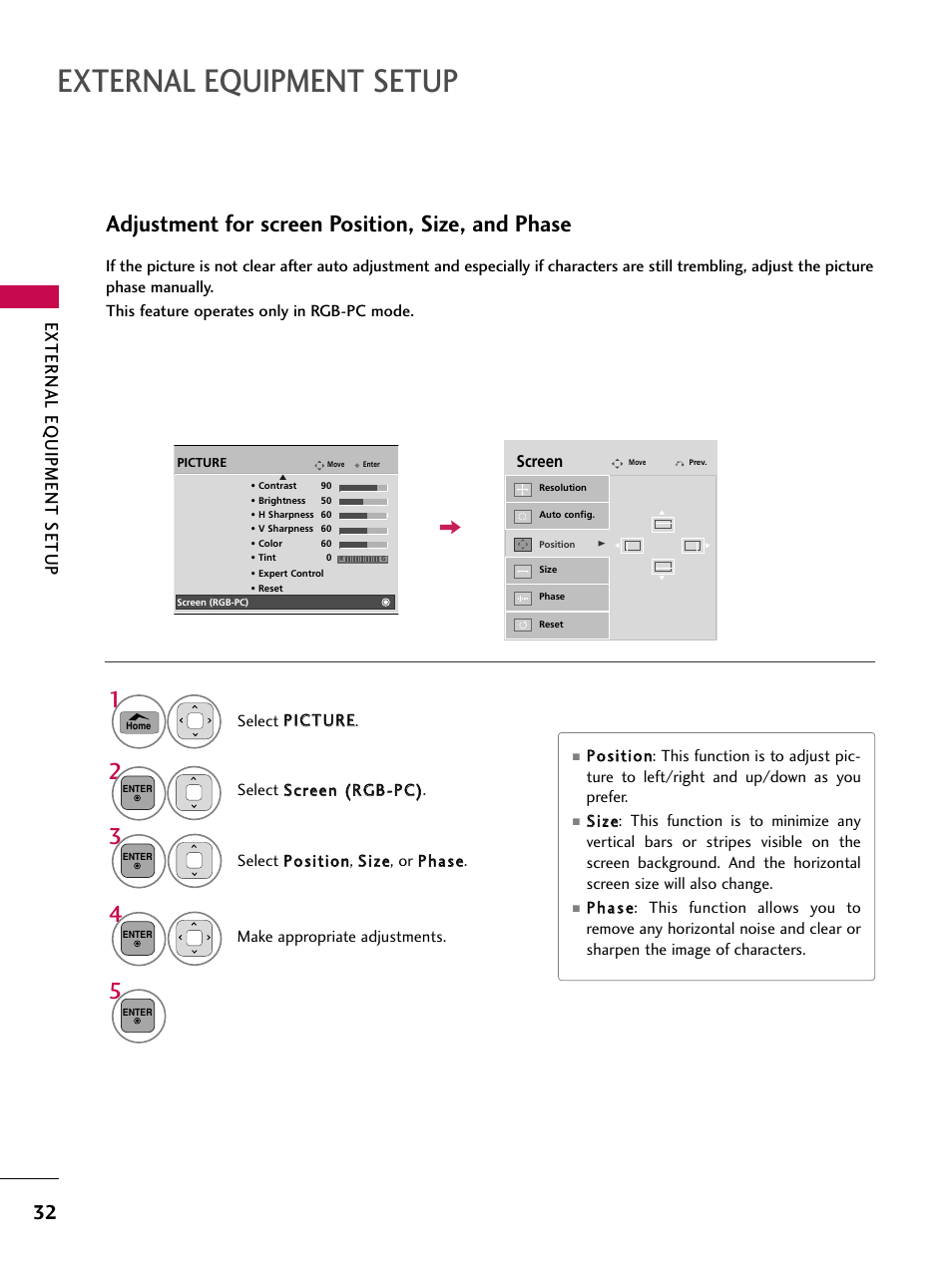 External equipment setup, Adjustment for screen position, size, and phase, External eq uipment setup | LG 50PT350C User Manual | Page 32 / 124