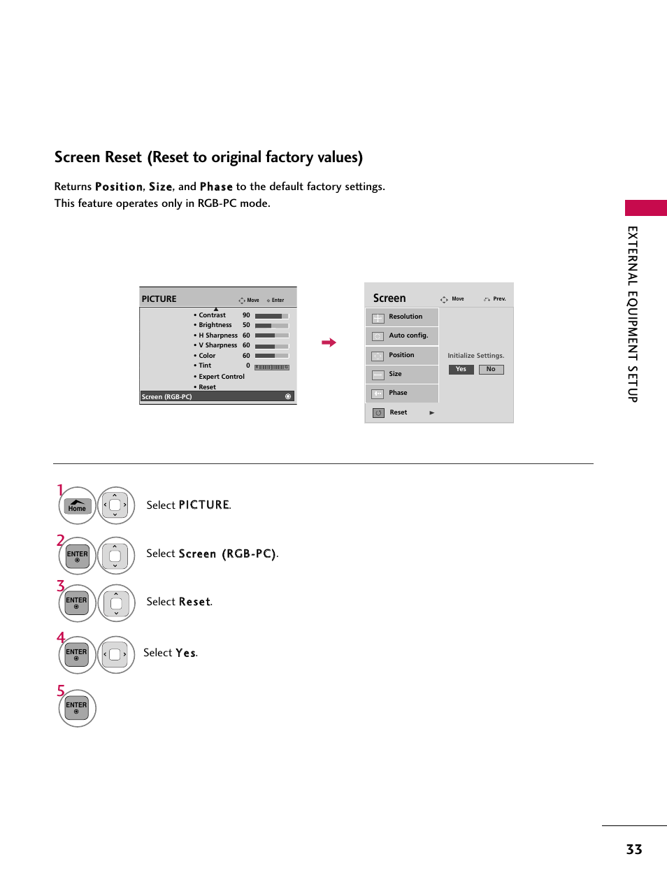 Screen reset (reset to original factory values), External eq uipment setup | LG 50PT350C User Manual | Page 33 / 124