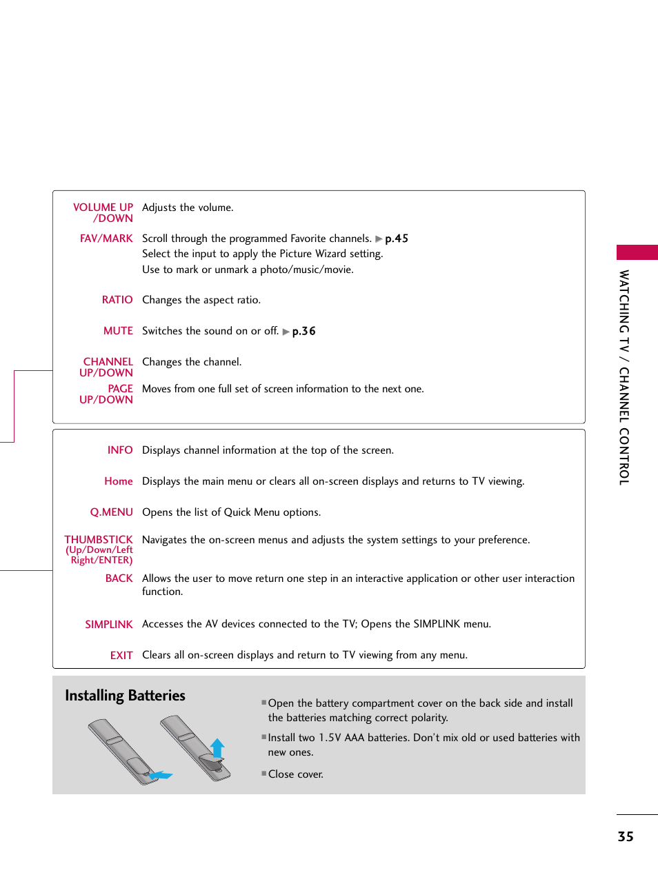 Installing batteries | LG 50PT350C User Manual | Page 35 / 124