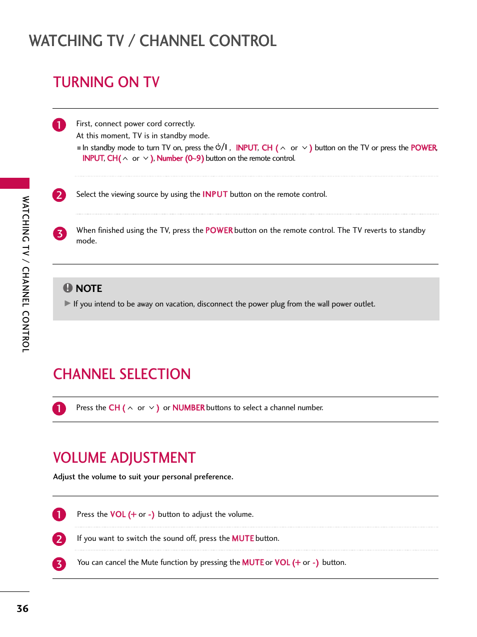 Turning on tv, Channel selection, Volume adjustment | Watching tv / channel control, Volume adjustment channel selection | LG 50PT350C User Manual | Page 36 / 124