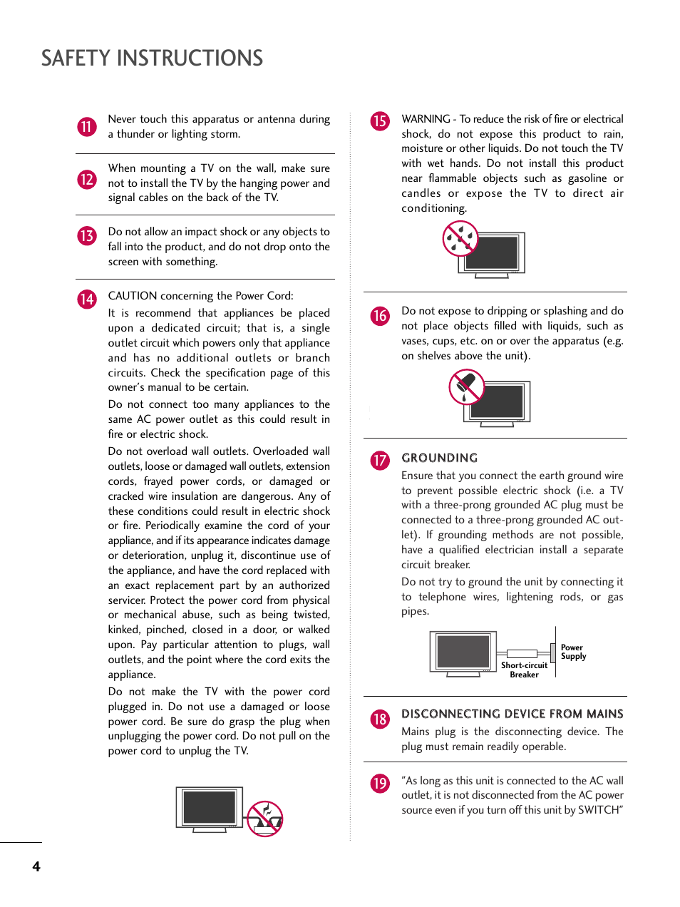 Safety instructions | LG 50PT350C User Manual | Page 4 / 124