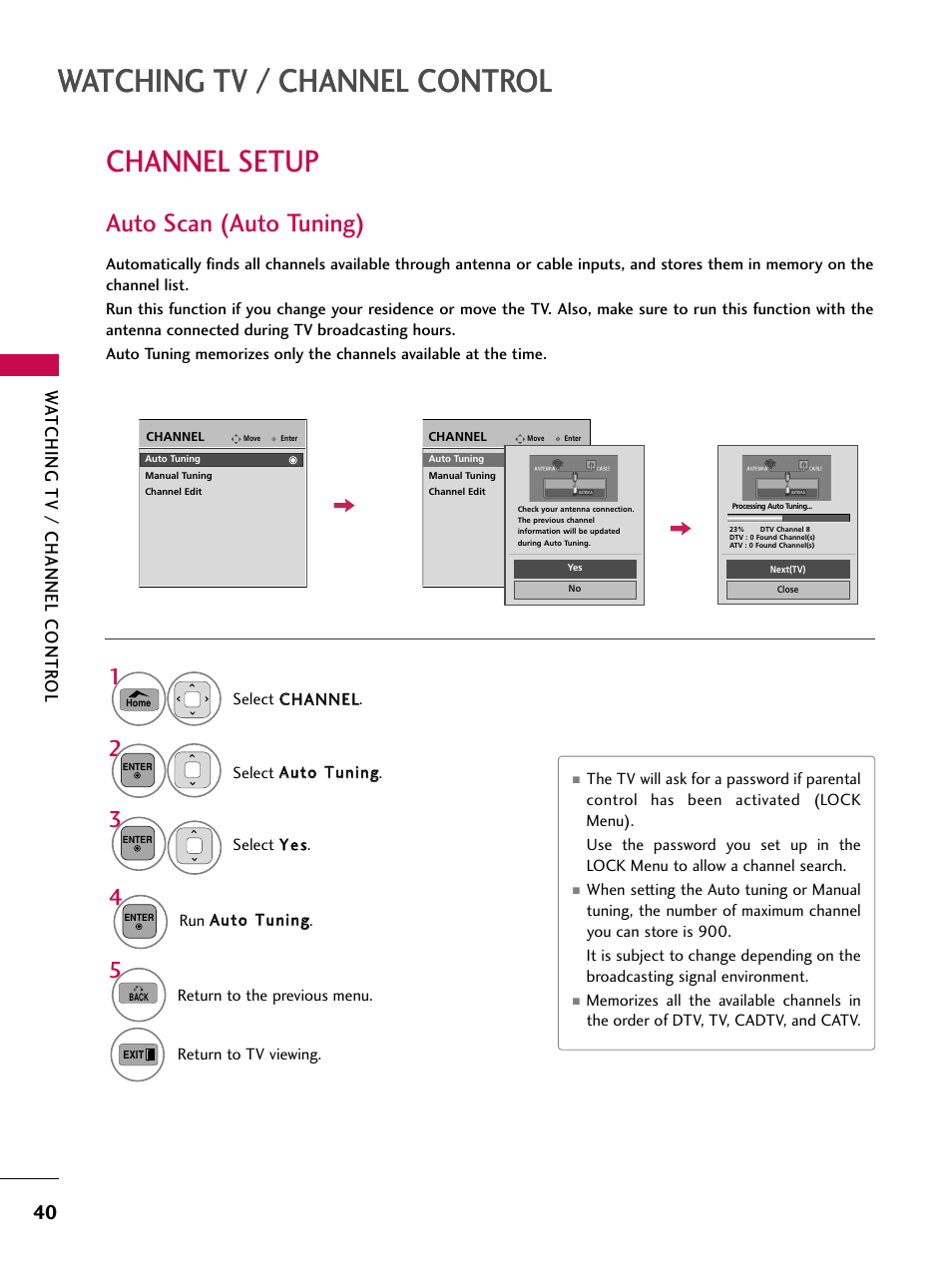 Channel setup, Auto scan (auto tuning), Watching tv / channel control | Wa tching tv / channel contr ol | LG 50PT350C User Manual | Page 40 / 124