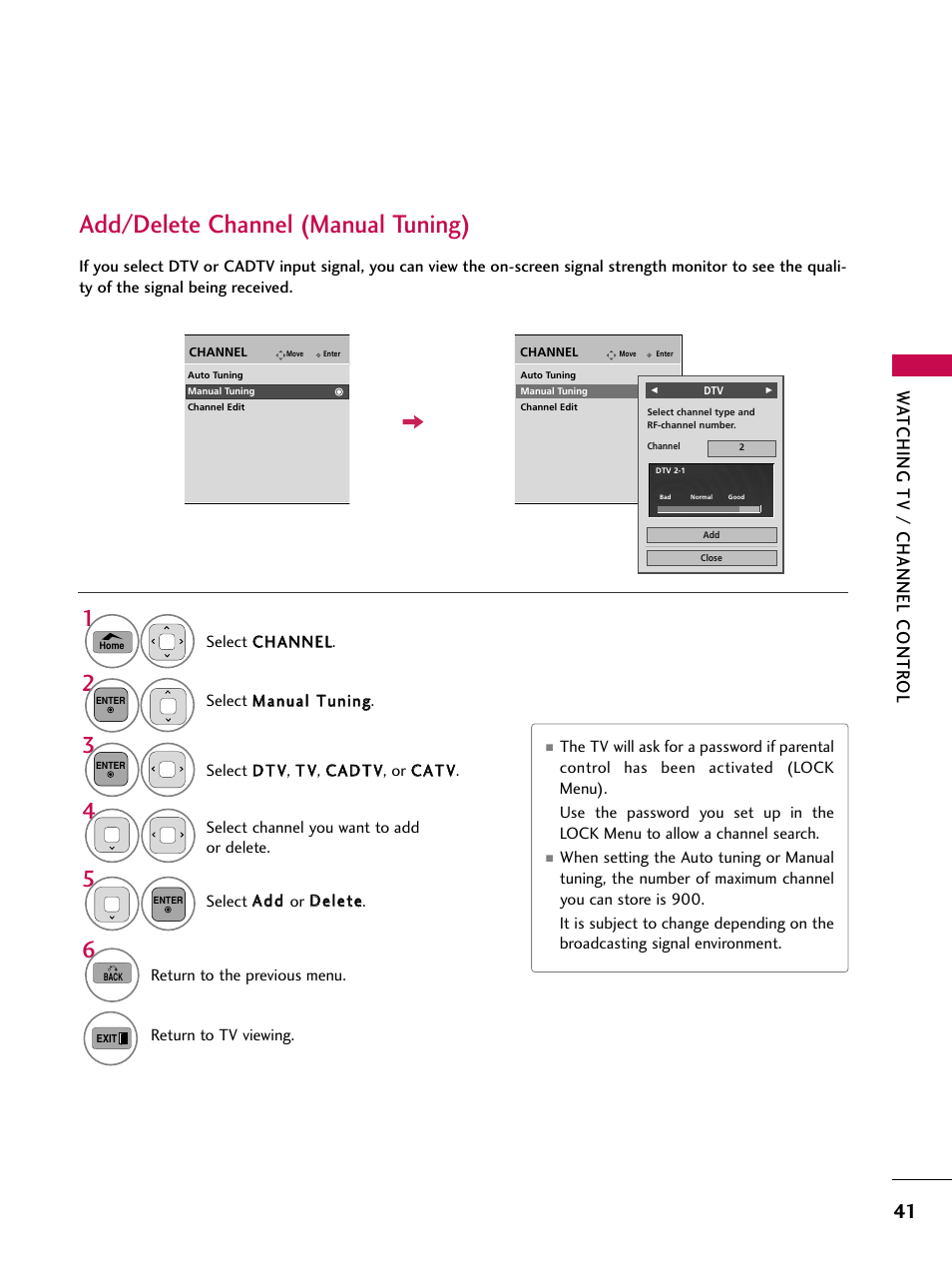 Add/delete channel (manual tuning), Wa tching tv / channel contr ol | LG 50PT350C User Manual | Page 41 / 124