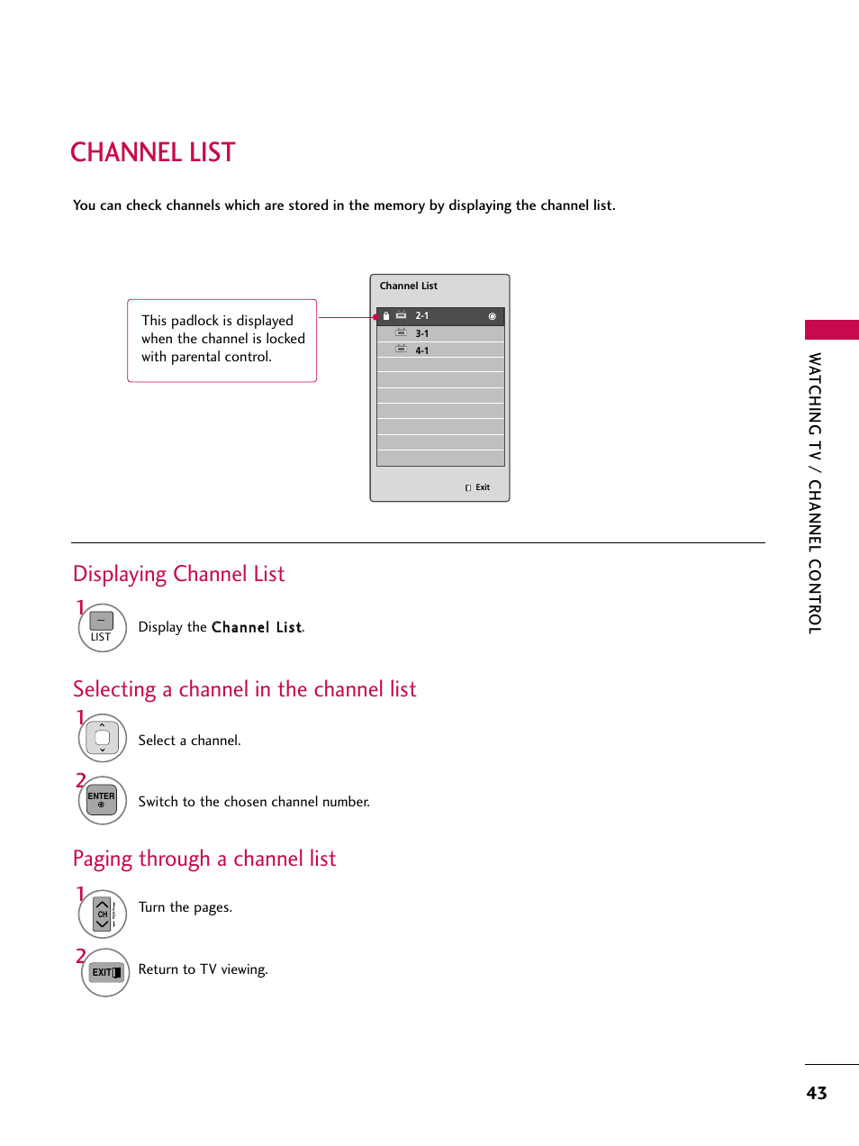 Channel list, Displaying channel list, Selecting a channel in the channel list | Paging through a channel list | LG 50PT350C User Manual | Page 43 / 124