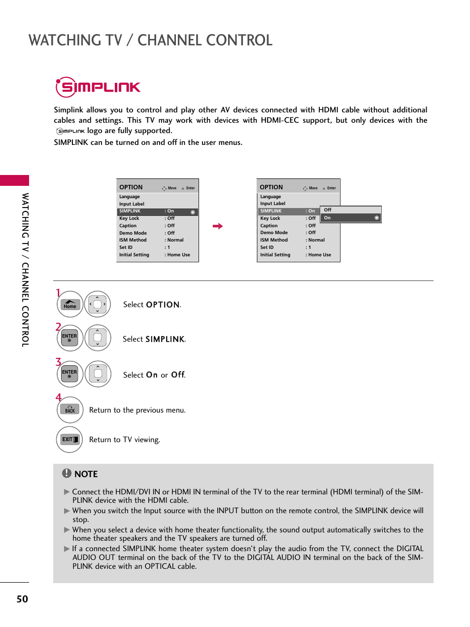 Simplink, Watching tv / channel control, Wa tching tv / channel contr ol | LG 50PT350C User Manual | Page 50 / 124