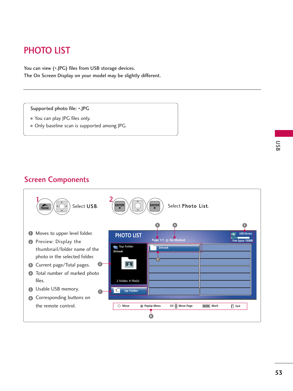 Photo list, Screen components | LG 50PT350C User Manual | Page 53 / 124