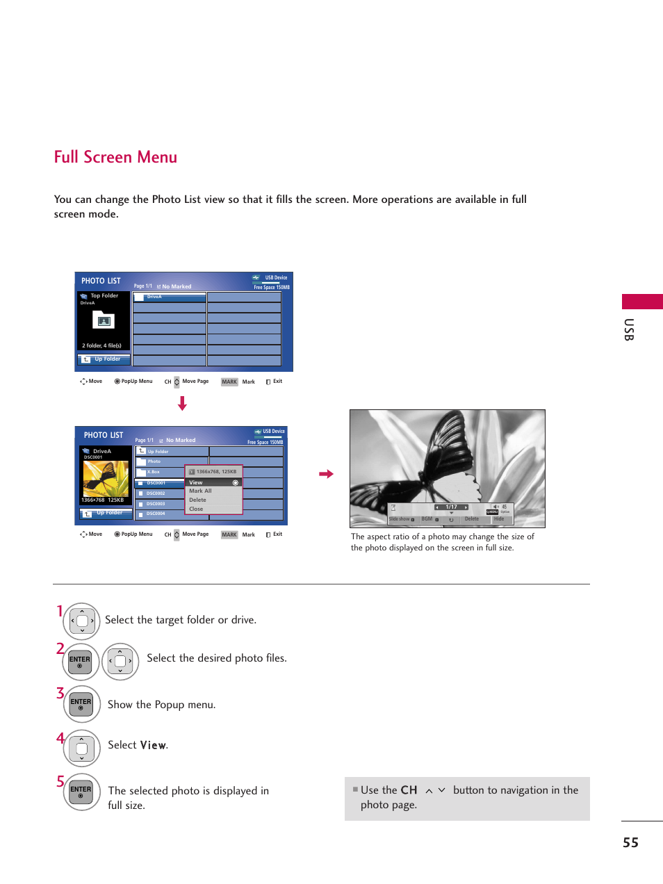 Full screen menu | LG 50PT350C User Manual | Page 55 / 124