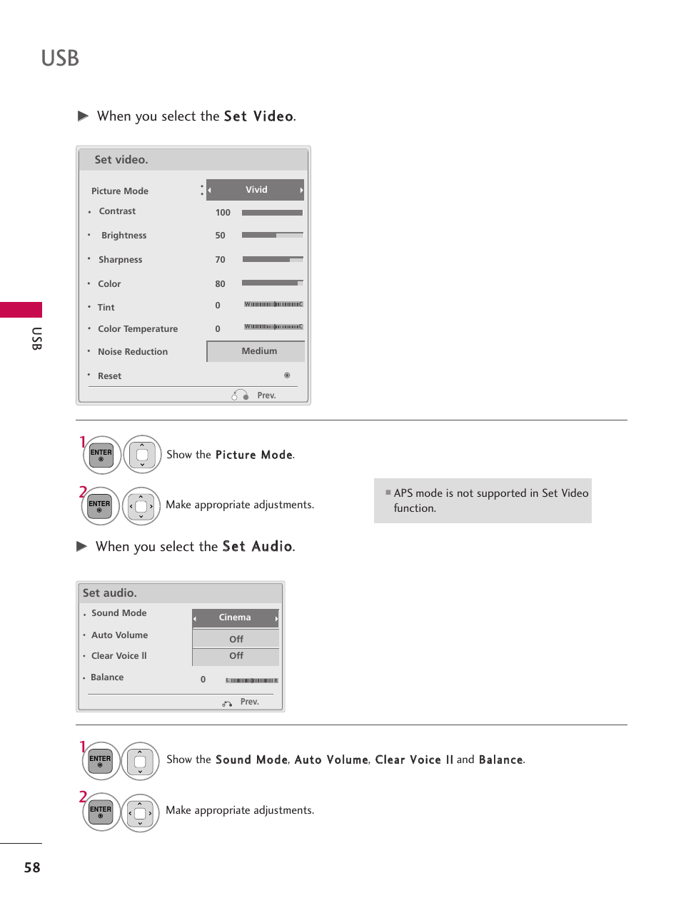 When you select the s seett v viid deeo o, When you select the s seett a au ud diio o | LG 50PT350C User Manual | Page 58 / 124