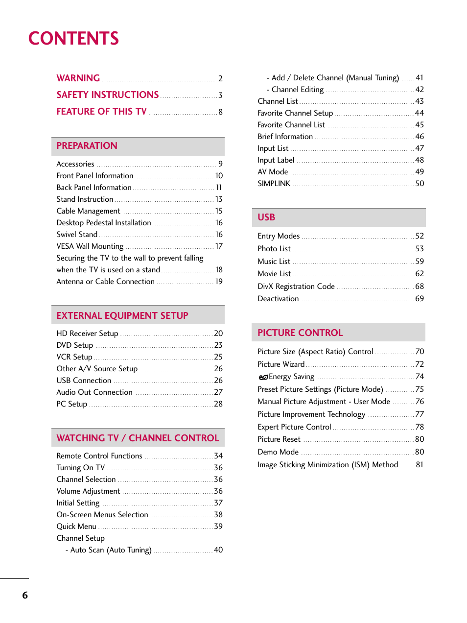 LG 50PT350C User Manual | Page 6 / 124