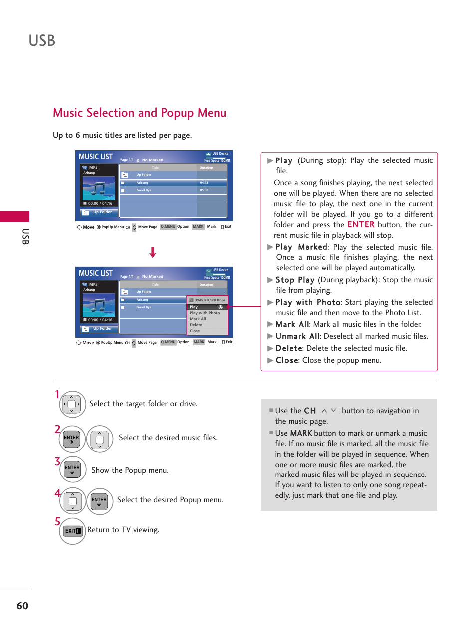 Music selection and popup menu | LG 50PT350C User Manual | Page 60 / 124