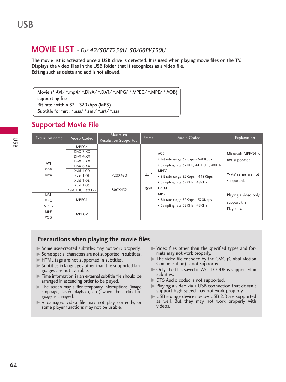 Movie list, Supported movie file, Precautions when playing the movie files | LG 50PT350C User Manual | Page 62 / 124
